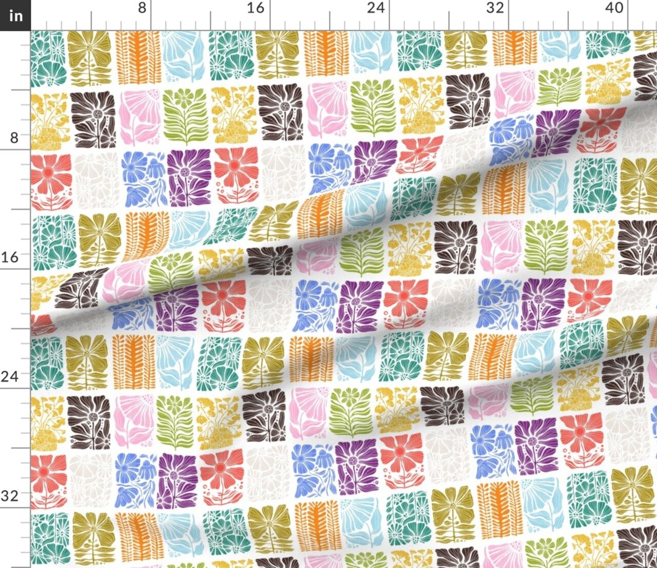 Colorful Floral Botanical Block Print Tiles Mcm Stamped Flowers Custom Printed Fabric by Spoonflower Various Fabrics by the Yard or Fat Quarter
